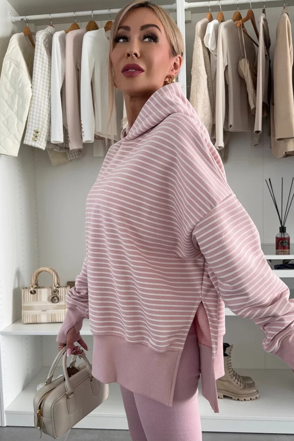 Rose Stripe Thumbhole Side Slits Drop Shoulder Loose Fit Hoodie