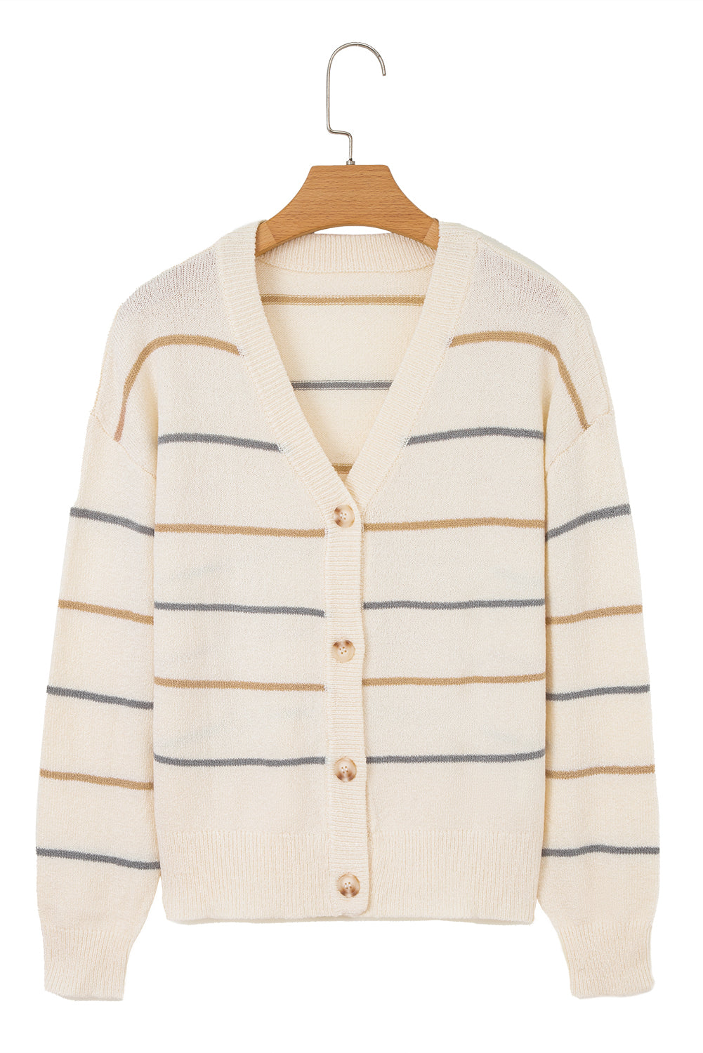 Multicolour Striped Buttoned Front V Neck Drop Shoulder Cardigan