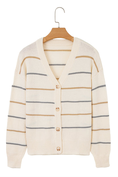 Multicolour Striped Buttoned Front V Neck Drop Shoulder Cardigan