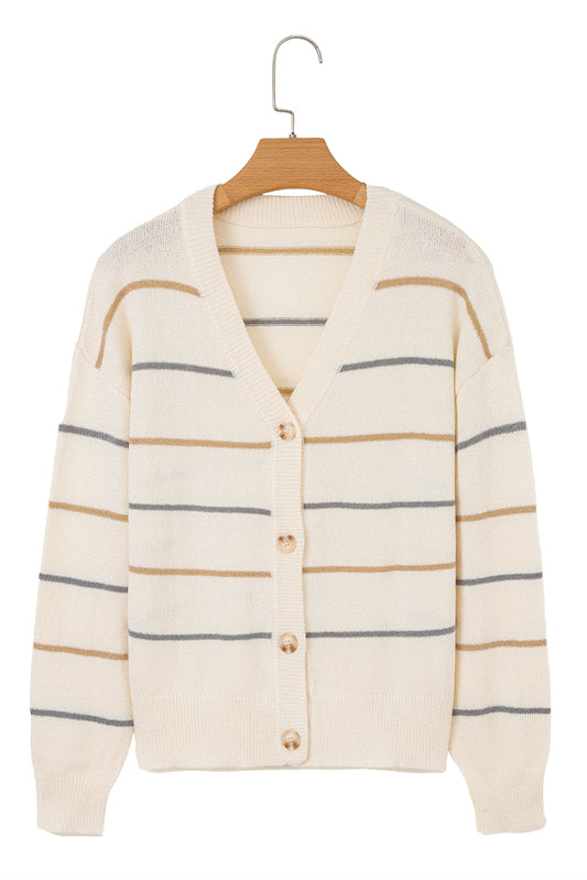 Multicolour Striped Buttoned Front V Neck Drop Shoulder Cardigan
