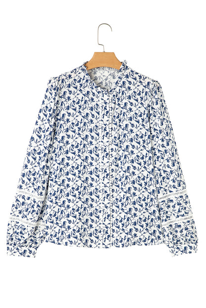 Yellow Printed Floral Print Lace Detail Puff Sleeve Shirt