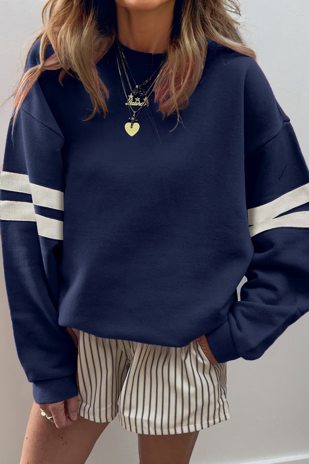 Coffee Preppy Striped Sleeve Loose Sweatshirt