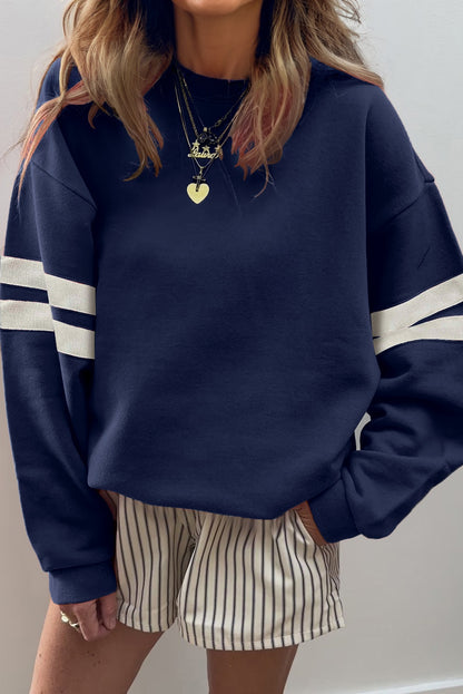 Coffee Preppy Striped Sleeve Loose Sweatshirt