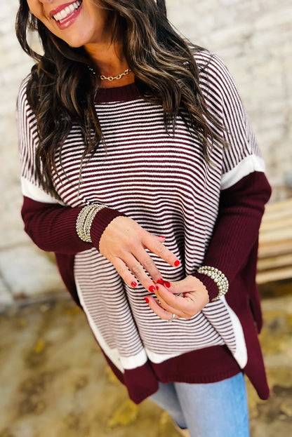 Red Stripe Colorblock Patchwork Dolman Oversize Tunic Sweater