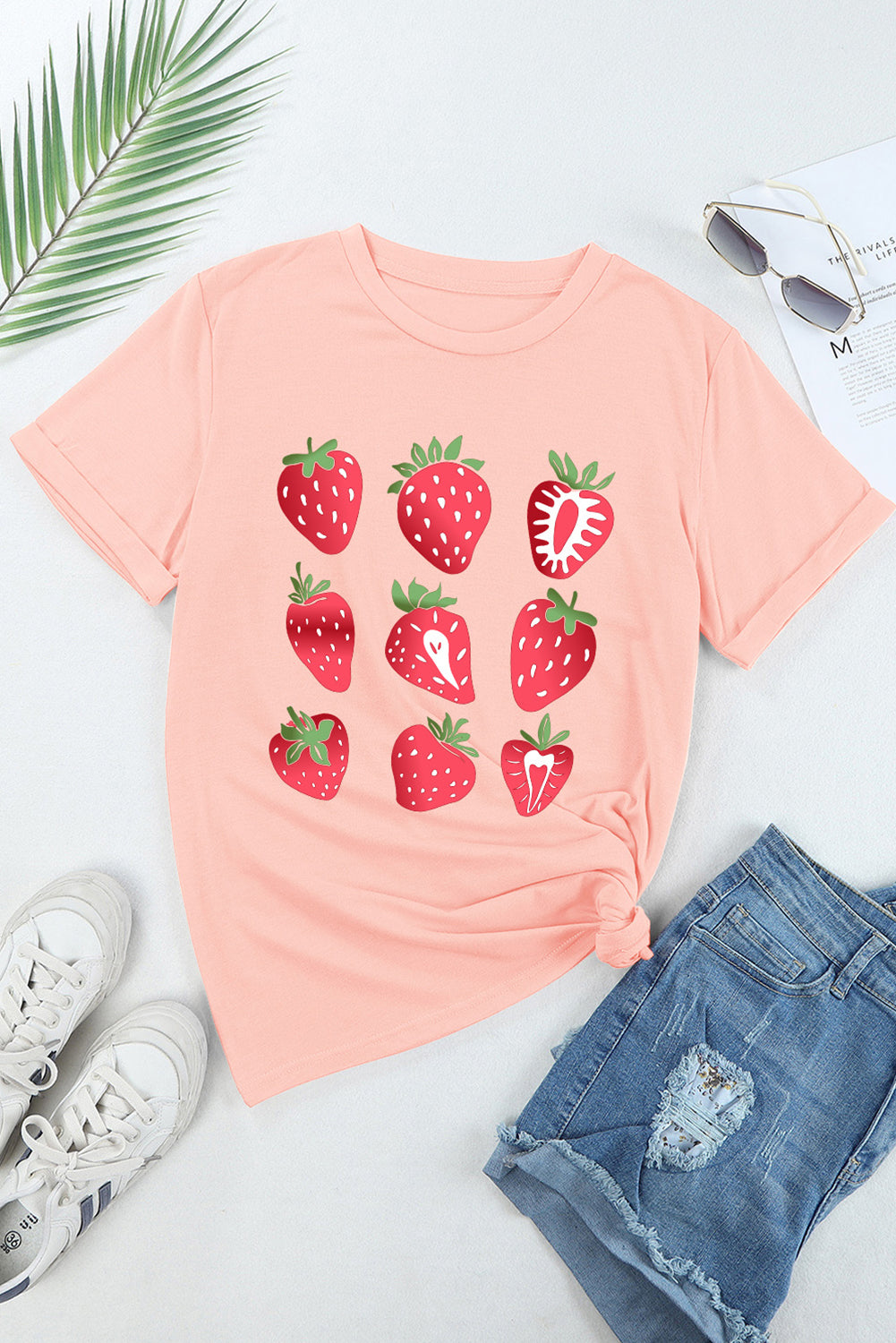 Pink Strawberry Fruit Pattern Heat Transfer Printing Graphic Tee