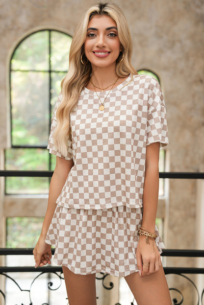 Brown Checkerboard T Shirt and High Waist Skort Set