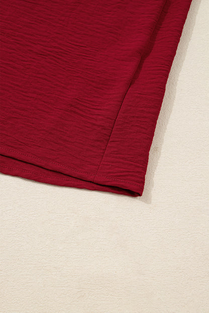 Burgundy Notched Neck Shirred Cuffs Long Sleeve Blouse