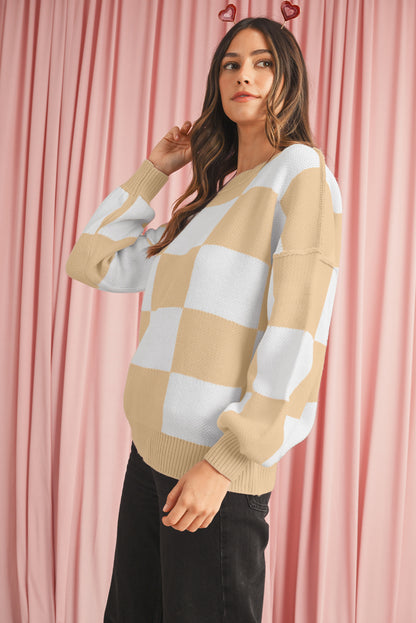 Dark Brown Plaid Bishop Sleeve Pullover Sweater