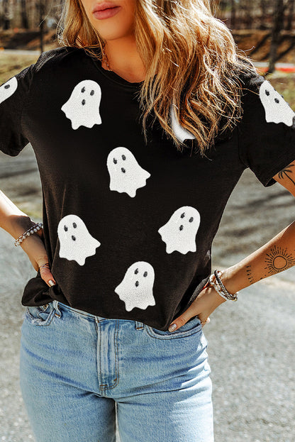 Black Halloween Ghost Sequins Patch Casual T Shirt