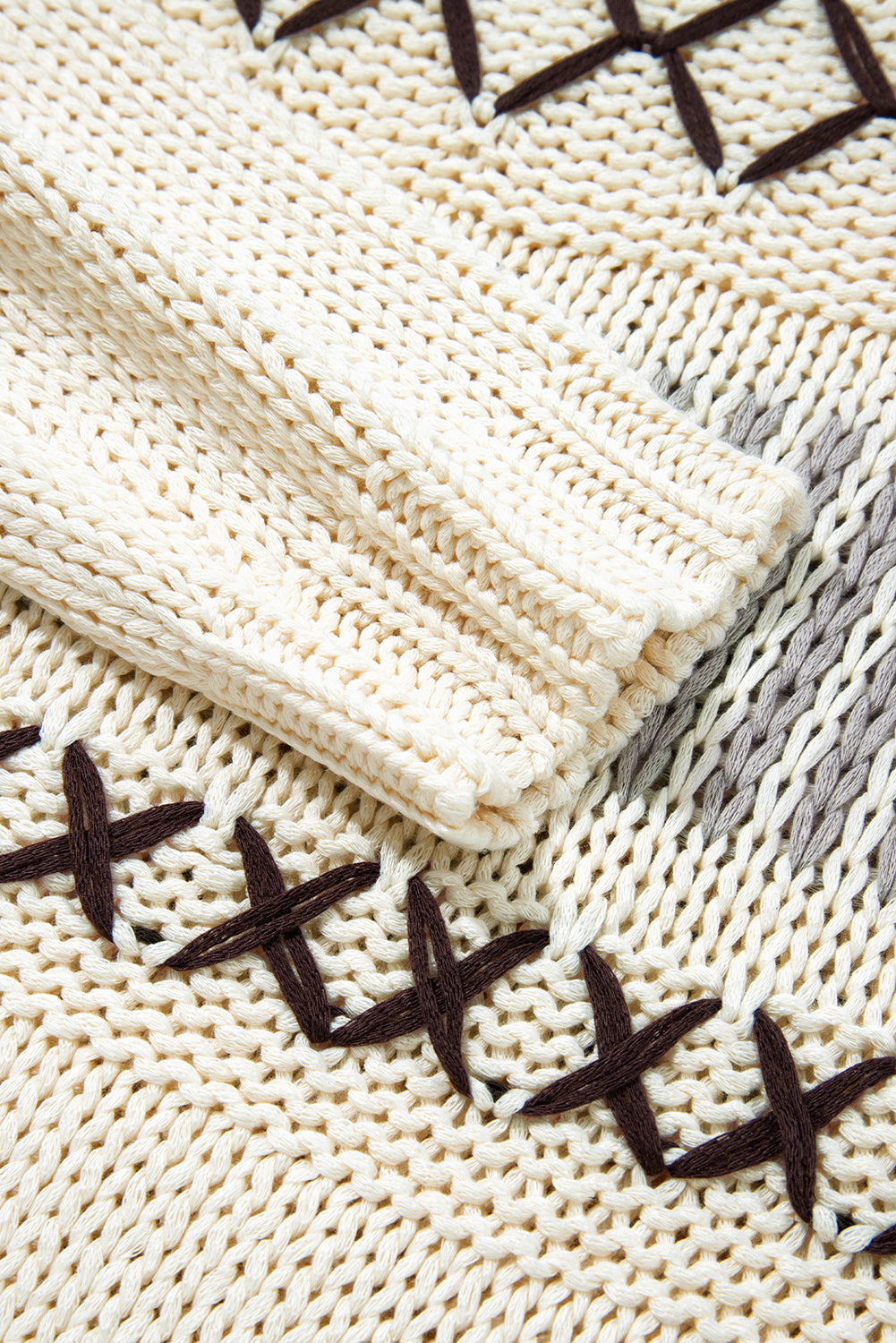 Parchment Contrast Stitch Detail V Neck Drop Shoulder Sweater