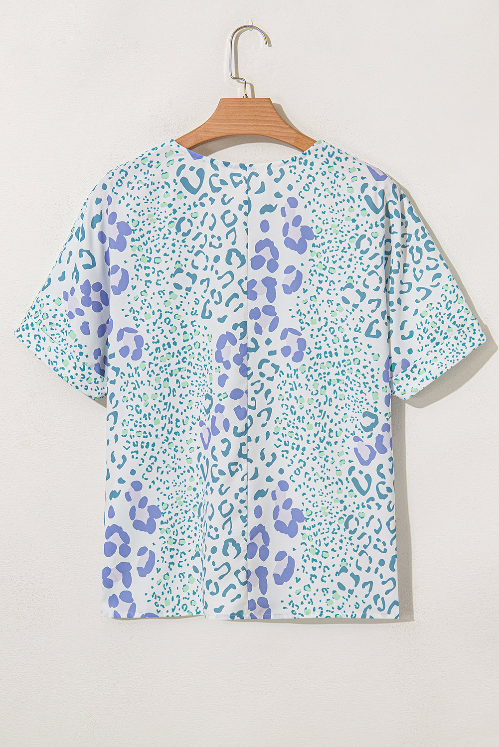 Sky Blue Leopard Print V Neck Short Sleeve Blouse