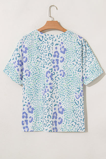Sky Blue Leopard Print V Neck Short Sleeve Blouse