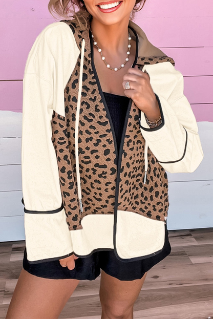 Brown Leopard Star Hooded Patchwork Contrast Piping Open Front Jacket