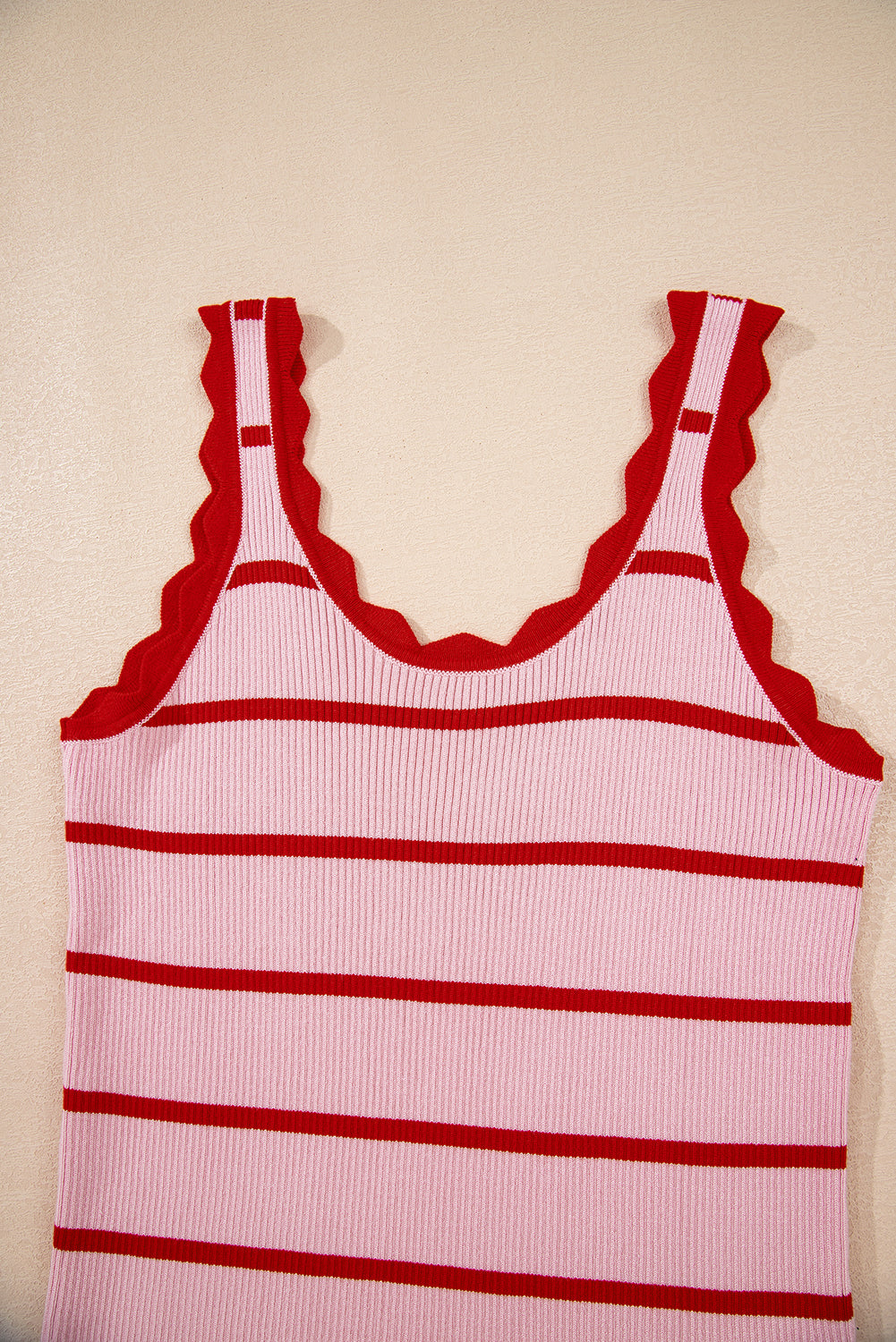 Bright Green Scalloped Edge Striped Ribbed Tank Top