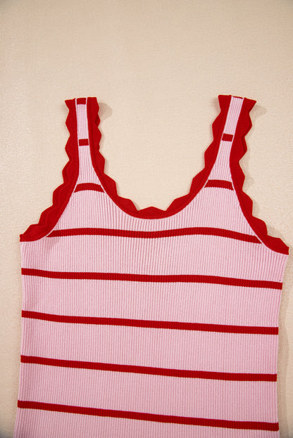 Bright Green Scalloped Edge Striped Ribbed Tank Top