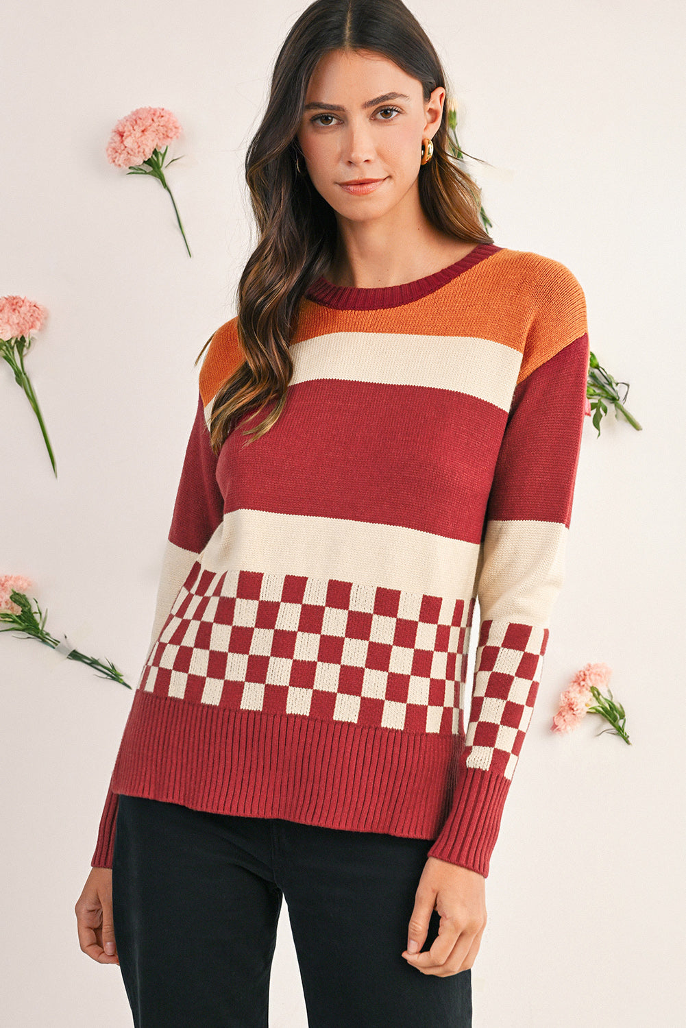 Brown Checkered Colorblock Knitted Drop Shoulder Sweater