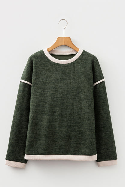 Four Leaf Clover Contrast Color Trim Knit Drop Shoulder Loose Top