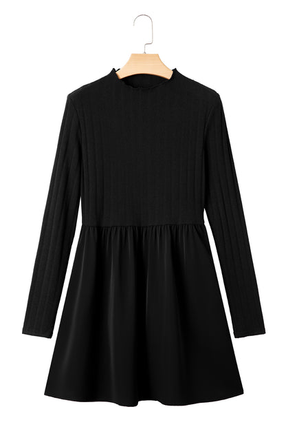 Black Frilled Neck Ribbed Knit Patchwork Long Sleeve Mini Dress