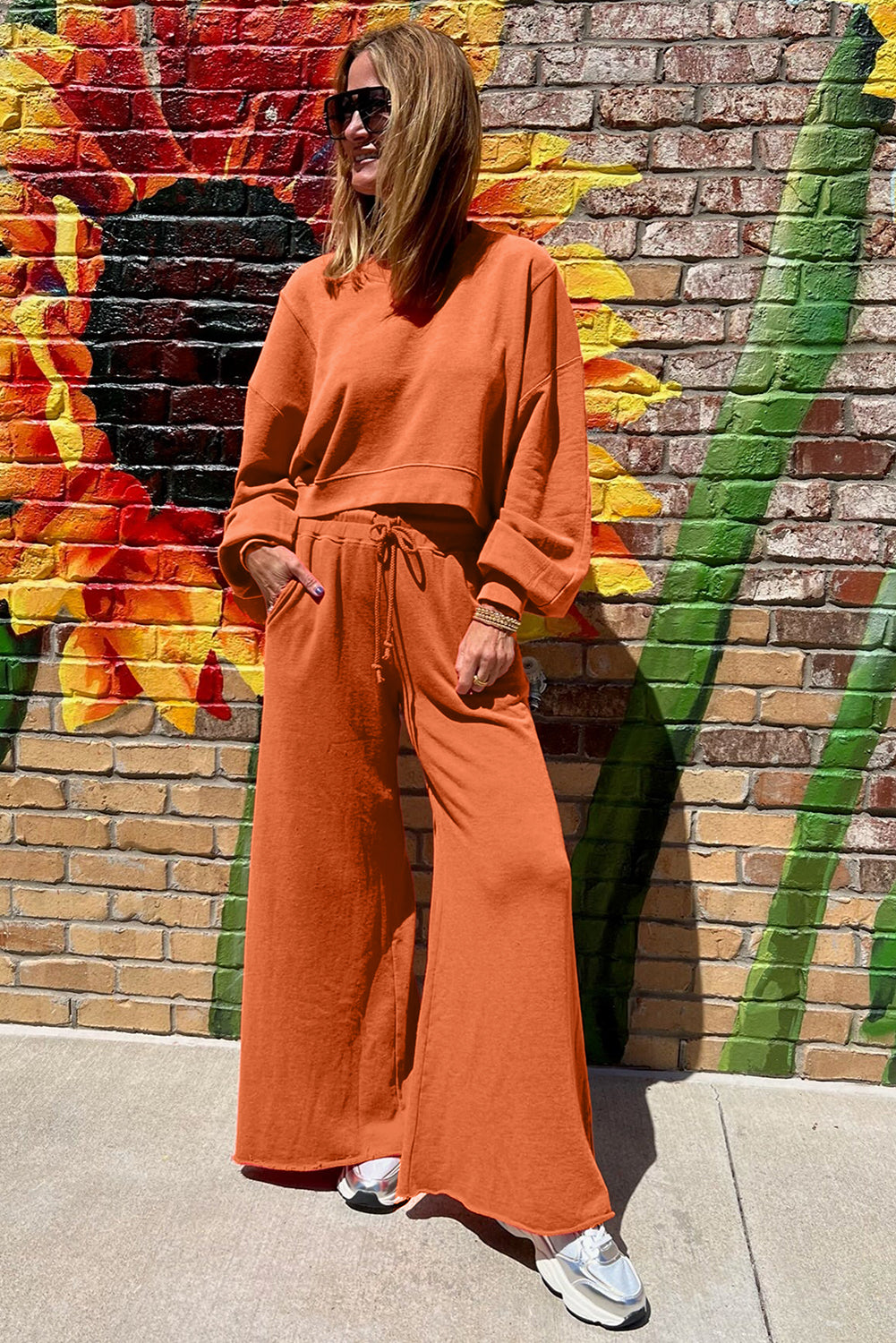 Yellow Cream Drop Shoulder Crop Pullover Drawstring Wide Leg Pants Set
