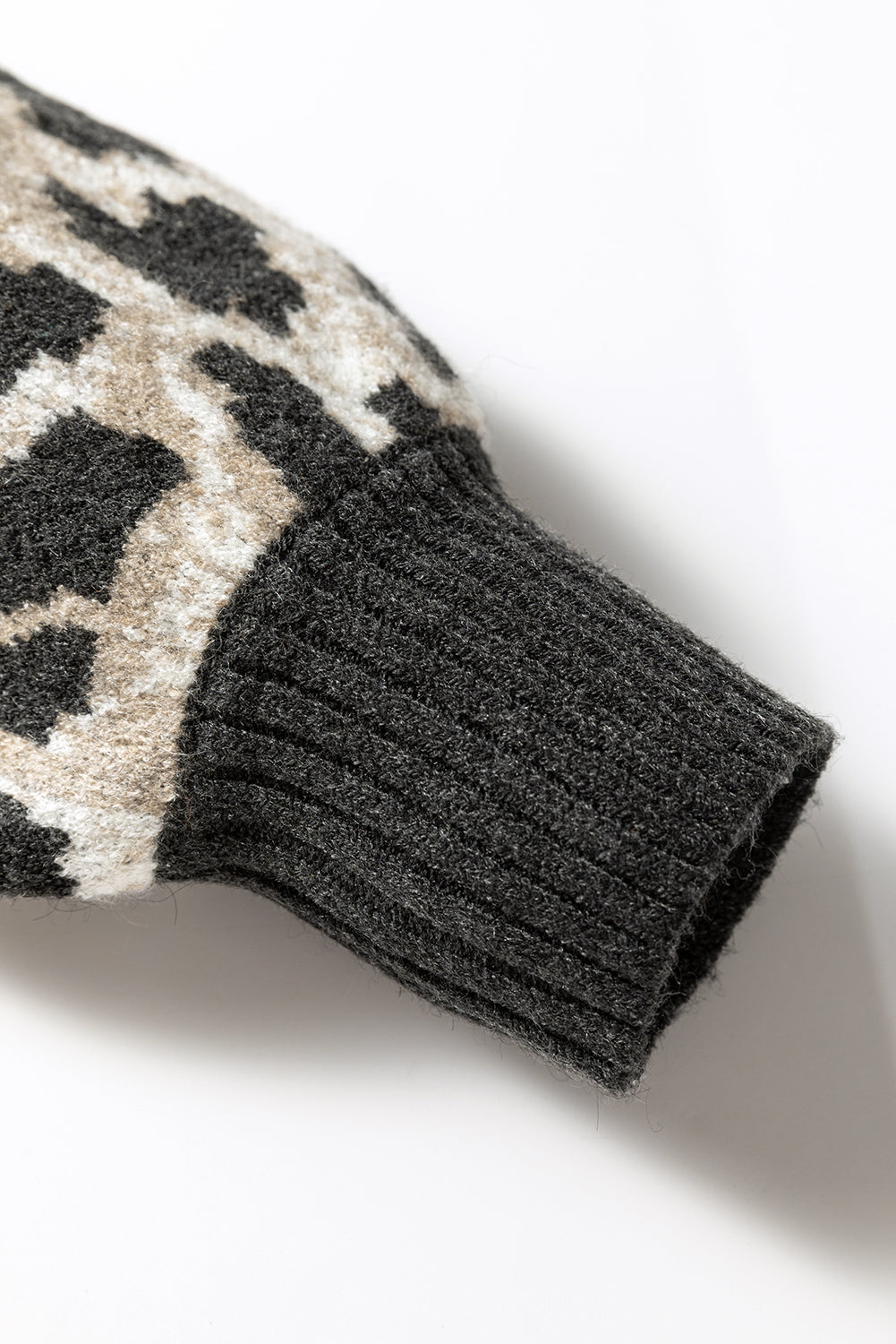 Carbon Grey Leopard Pattern Contrast Trim Round Neck Sweater