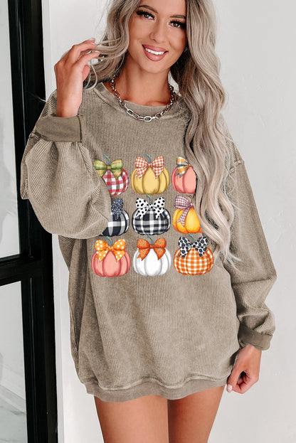 Khaki Trendy Textured Bow Pumpkin Heat Transfer Printing Graphic Baggy Sweatshirt