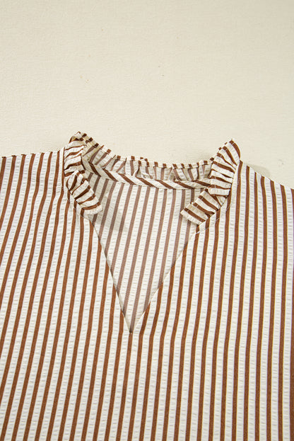 Straw Yellow Striped Frill V Neck Knot Bracelet Sleeve Blouse