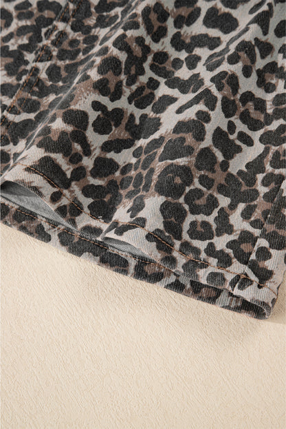 Khaki Allover Leopard Print Denim Mini Skirt