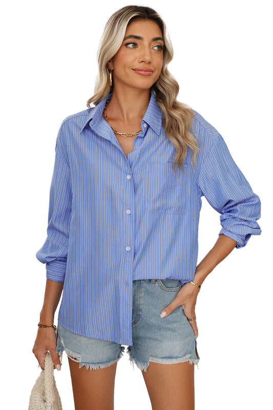 Blue Stripe Button Up Oversized Casual Shirt Shacket