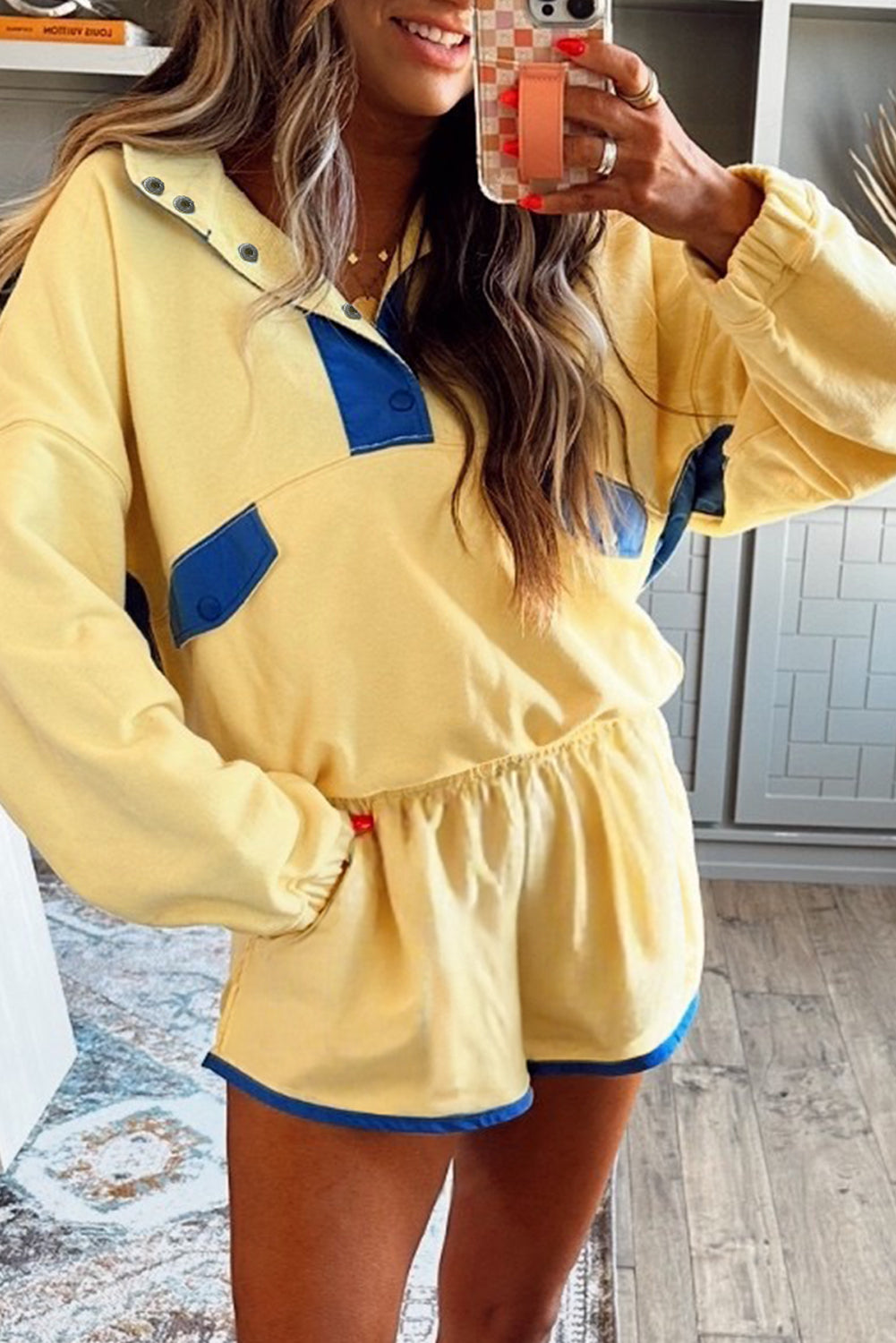 Black Colorblock Patchwork Half Button Pullover and Shorts Outfit