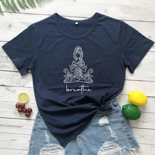 Breathe Meditation Girl T-shirt Boho Yoga Workout Tshirt Funny Women