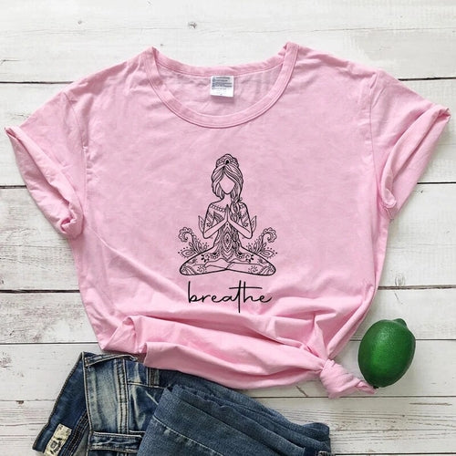 Breathe Meditation Girl T-shirt Boho Yoga Workout Tshirt Funny Women