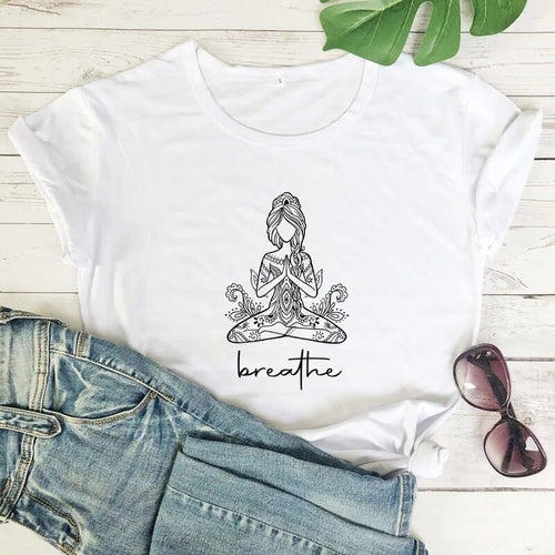 Breathe Meditation Girl T-shirt Boho Yoga Workout Tshirt Funny Women