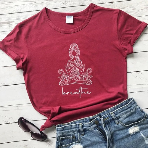 Breathe Meditation Girl T-shirt Boho Yoga Workout Tshirt Funny Women