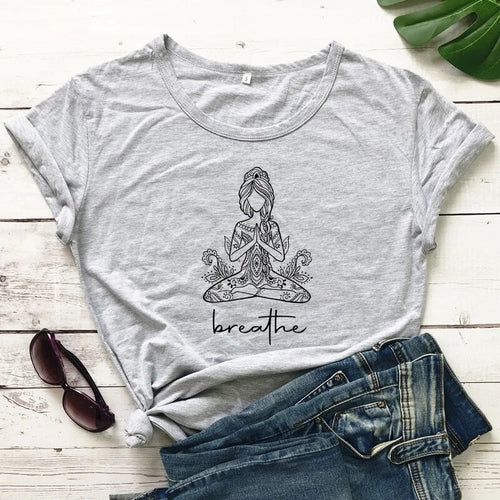 Breathe Meditation Girl T-shirt Boho Yoga Workout Tshirt Funny Women