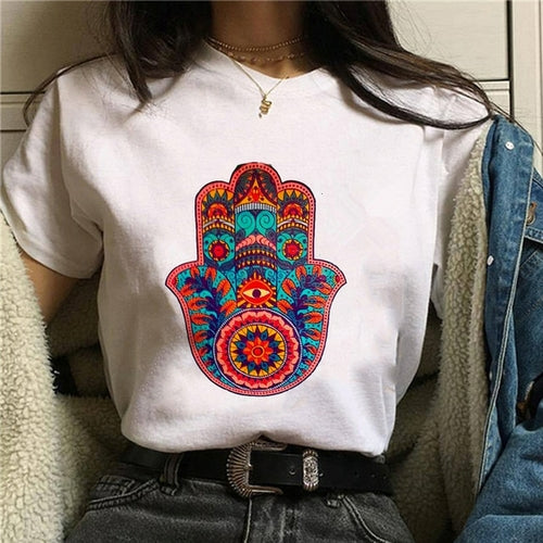 Hamasa Hand of Fatima Print Women's T Shirts Lucky Hamsa Hand Harajuku