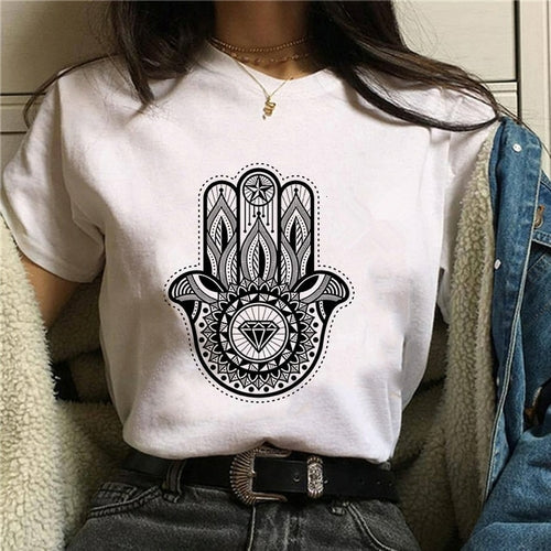 Hamasa Hand of Fatima Print Women's T Shirts Lucky Hamsa Hand Harajuku