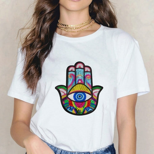 Hamasa Hand of Fatima Print Women's T Shirts Lucky Hamsa Hand Harajuku