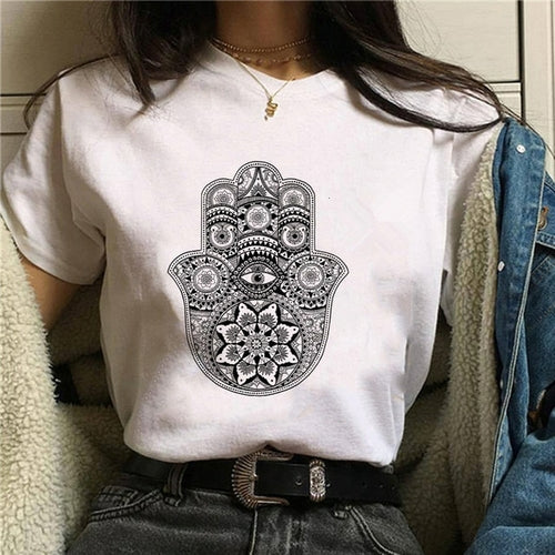 Hamasa Hand of Fatima Print Women's T Shirts Lucky Hamsa Hand Harajuku