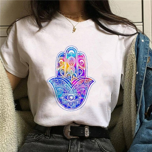 Hamasa Hand of Fatima Print Women's T Shirts Lucky Hamsa Hand Harajuku