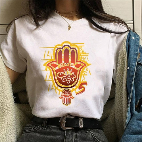 Hamasa Hand of Fatima Print Women's T Shirts Lucky Hamsa Hand Harajuku