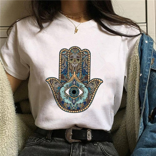 Hamasa Hand of Fatima Print Women's T Shirts Lucky Hamsa Hand Harajuku