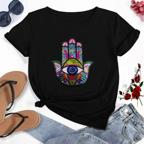 Hamasa Hand of Fatima Print Women's T Shirts Lucky Hamsa Hand Harajuku