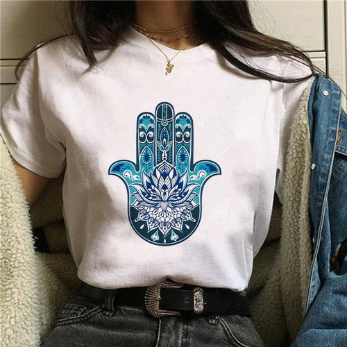 Hamasa Hand of Fatima Print Women's T Shirts Lucky Hamsa Hand Harajuku