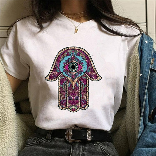 Hamasa Hand of Fatima Print Women's T Shirts Lucky Hamsa Hand Harajuku