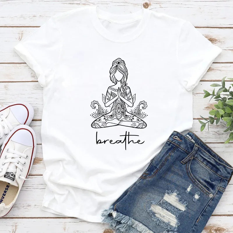 Breathe Meditation Girl T-shirt Boho Yoga Workout Tshirt Funny Women