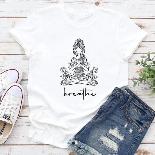 Breathe Meditation Girl T-shirt Boho Yoga Workout Tshirt Funny Women