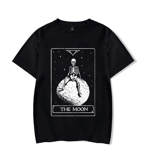 Skulls and Skeletons on Moon Print T Shirt for Women Tees Oversized