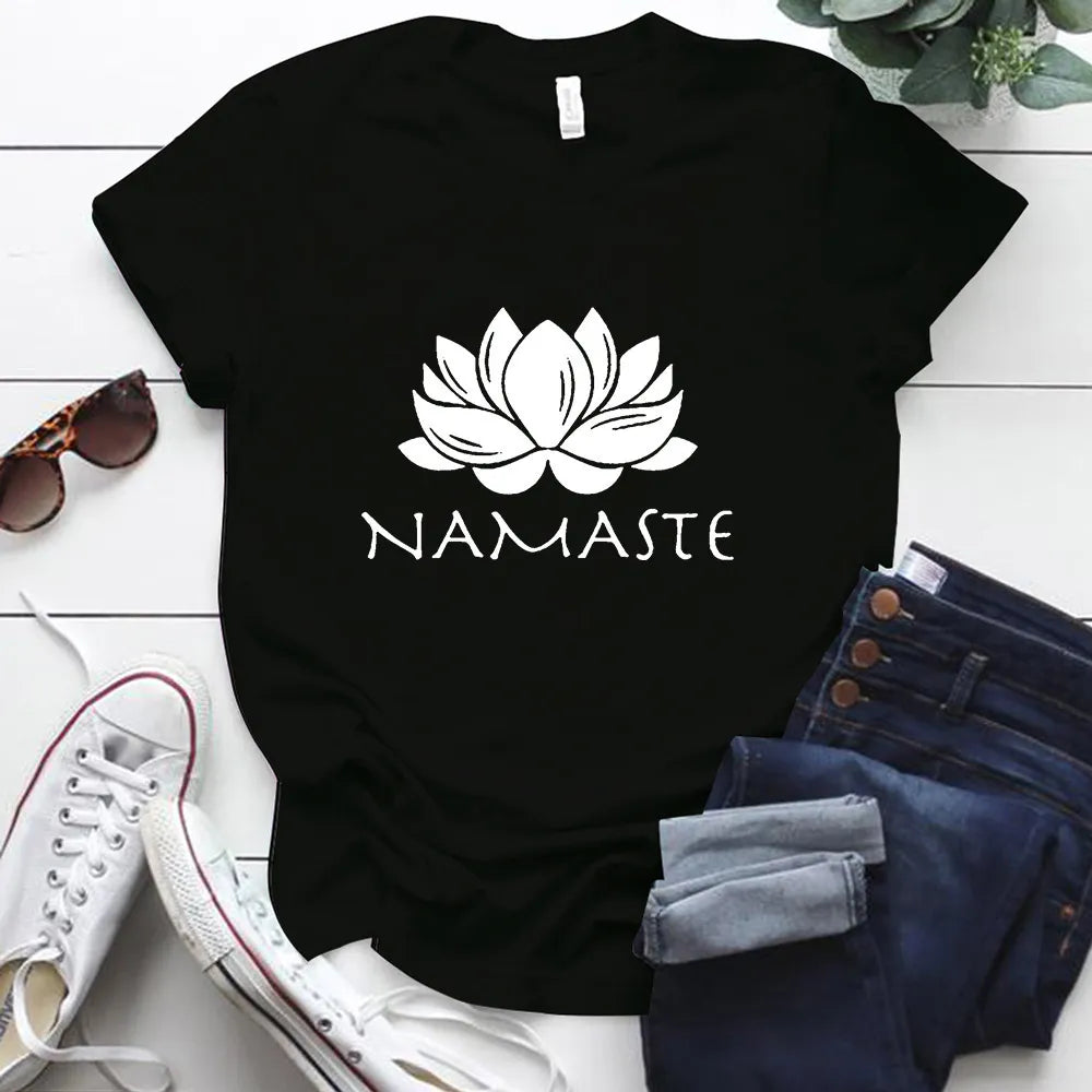 Namaste Letter Print Women T Shirt Short Sleeve O Neck Loose Women