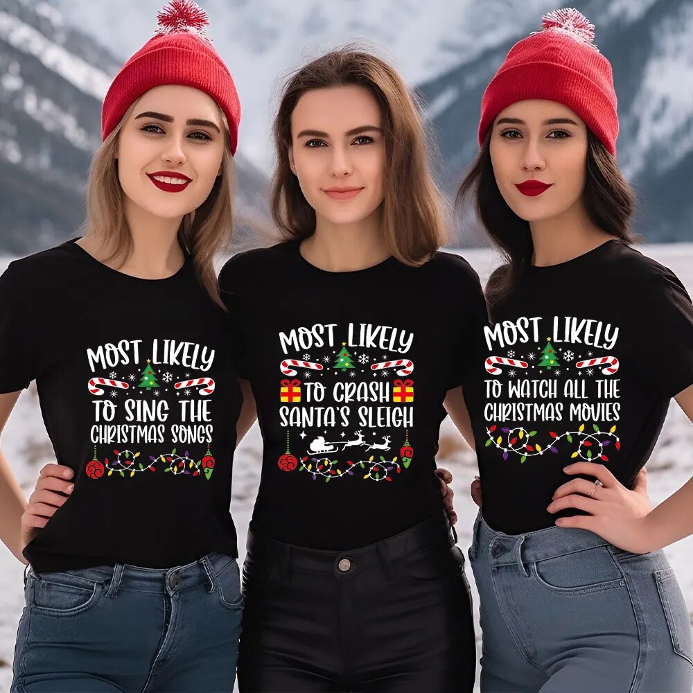 Christmas Funny Printed T-shirts for Women Friends Party Tops O-Neck