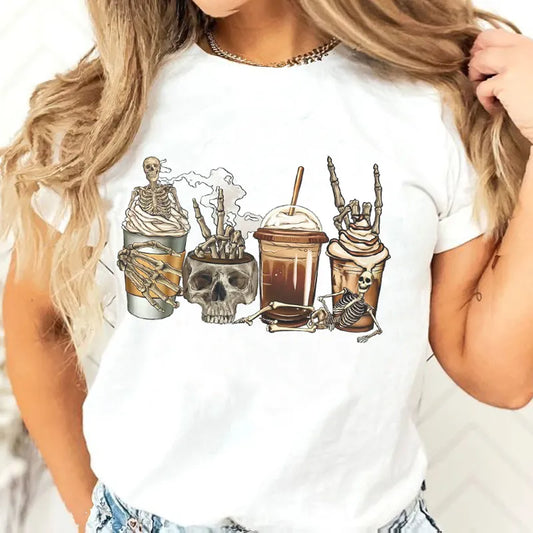 Halloween Skeleton Coffee T-Shirts for Women Cute Funny Drinking T